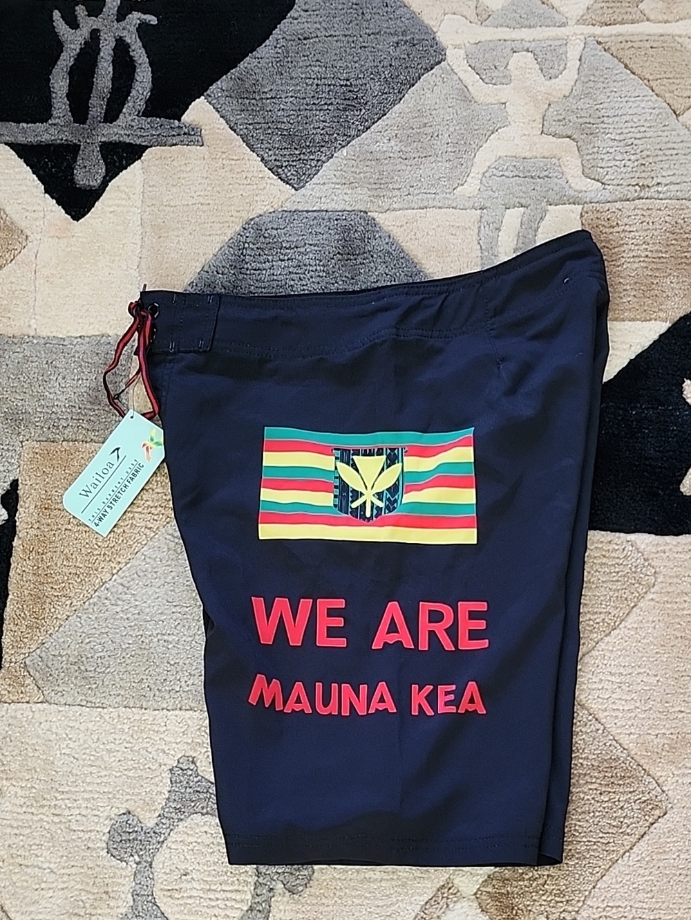 HAWAIIAN FLAG Swim Shorts with Bright Red 'We Are Mauna Kea' Board Shorts